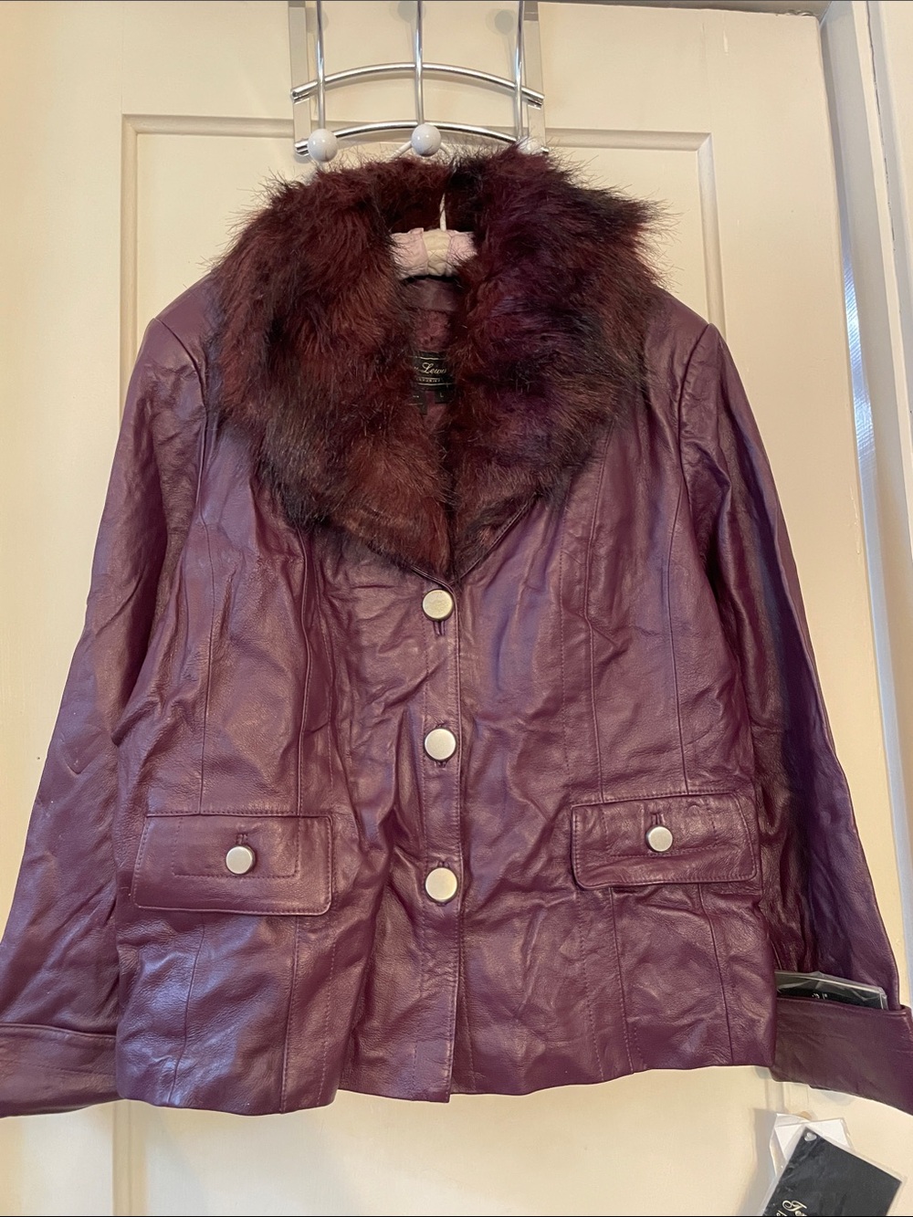 Vintage with Tags Women's Plum Leather Jacket with Removable Faux Fur Collar - Picture 1 of 6
